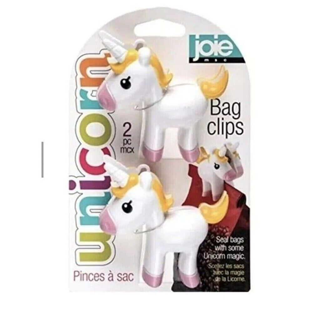 Joie Unicorn 2-Pc Bag Chip Clips Pink Yellow on White Plastic Kitchen Gift NEW